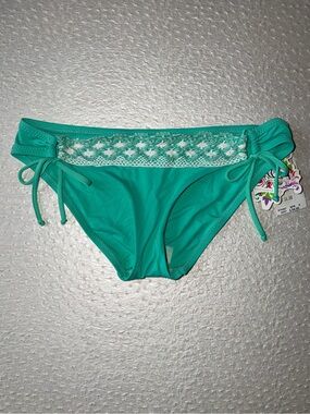 NWT BECCA Teal Crochet-Trim Hipster String Bikini Bottom Swim Sz S